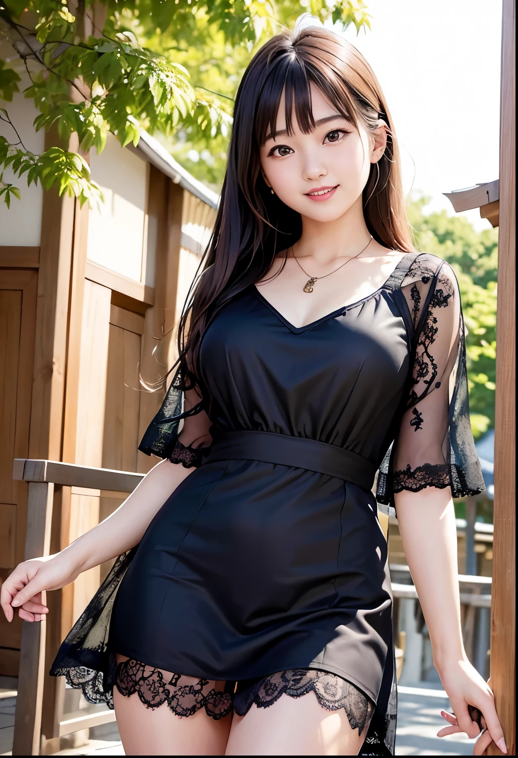 (Highest quality,masterpiece:1.3,Ultra-high resolution),(Very detailed、Caustics) (Realistic:1.4, RAW shooting、)Ultra-Realistic Capture、Very detailed、Natural skin texture、masterpiece、(A Japanese  wearing a black lace dress:1.3),、Adorable expression、Expressions of happiness、height: 145cm、Baby Face、Amazingly cuails、Straight hair、Scrunchie、Black Hair、Heavy makeup、necklace、G-cup busty、Shining thighs、Skin Arm、Background details、smile、An inviting gaze、Anatomically correct、Cowboy Shot、Attention to detail、Photographed on the main street of a summer resort、Sexy pose、