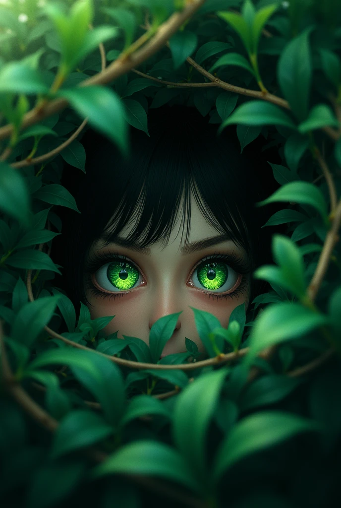 Green eyes looking out of a bush
