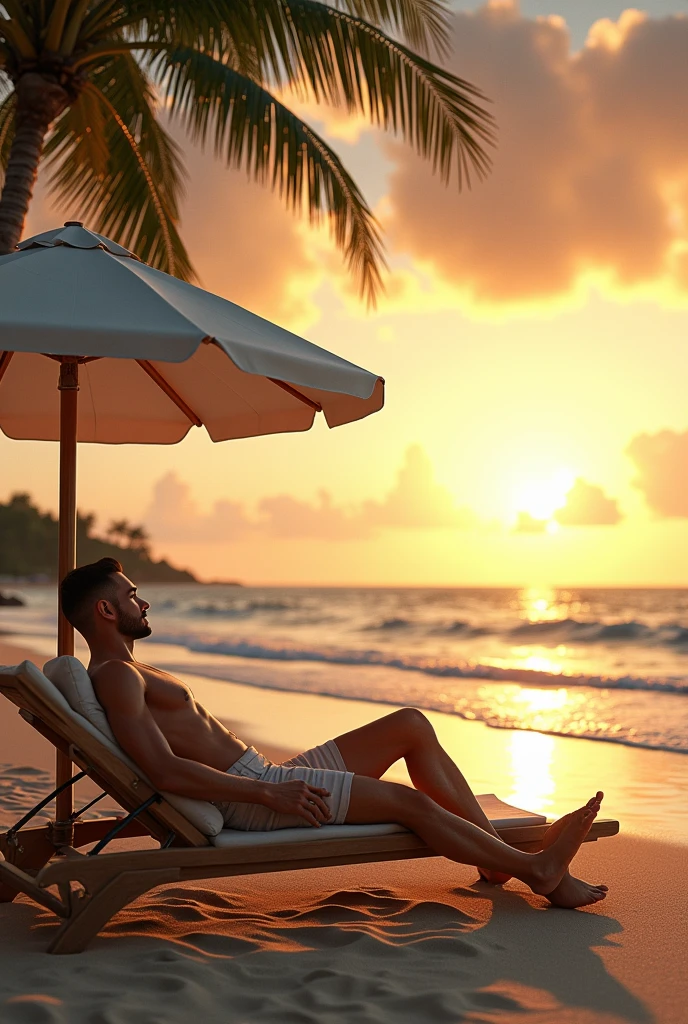 a man lying in a beach chair under a parasol, detailed face and body, photorealistic, golden hour lighting, warm tones, tropical beach background, ocean waves, palm trees, detailed clouds in the sky, (best quality,4k,8k,highres,masterpiece:1.2),ultra-detailed,(realistic,photorealistic,photo-realistic:1.37)