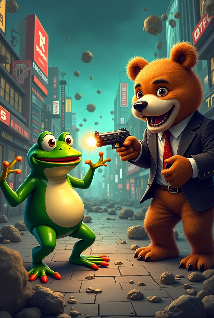 Pepe the frog getting gun shot by bobo the bear stock maket meme style