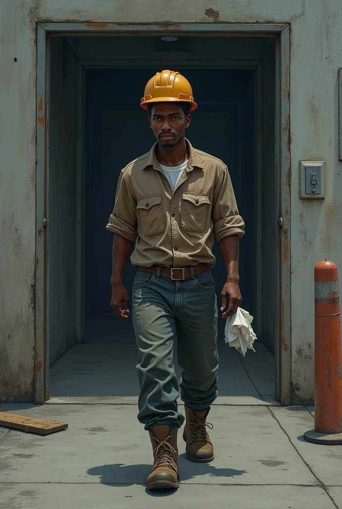 Image of young black man builder leaving his company sad