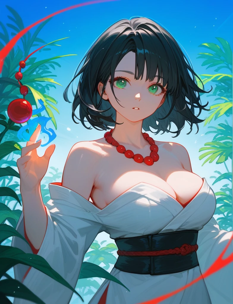 score_9_up,score_8_up, 1girl, Black Hair, green eyes, medium hair, bangs, (forehead:0.6), ((bare shoulders)), ((necklace)), (red beads:0.9), solo, (plants), blue sky, (belt), hands, pose, white kimono, ((magic)), big breast, 
