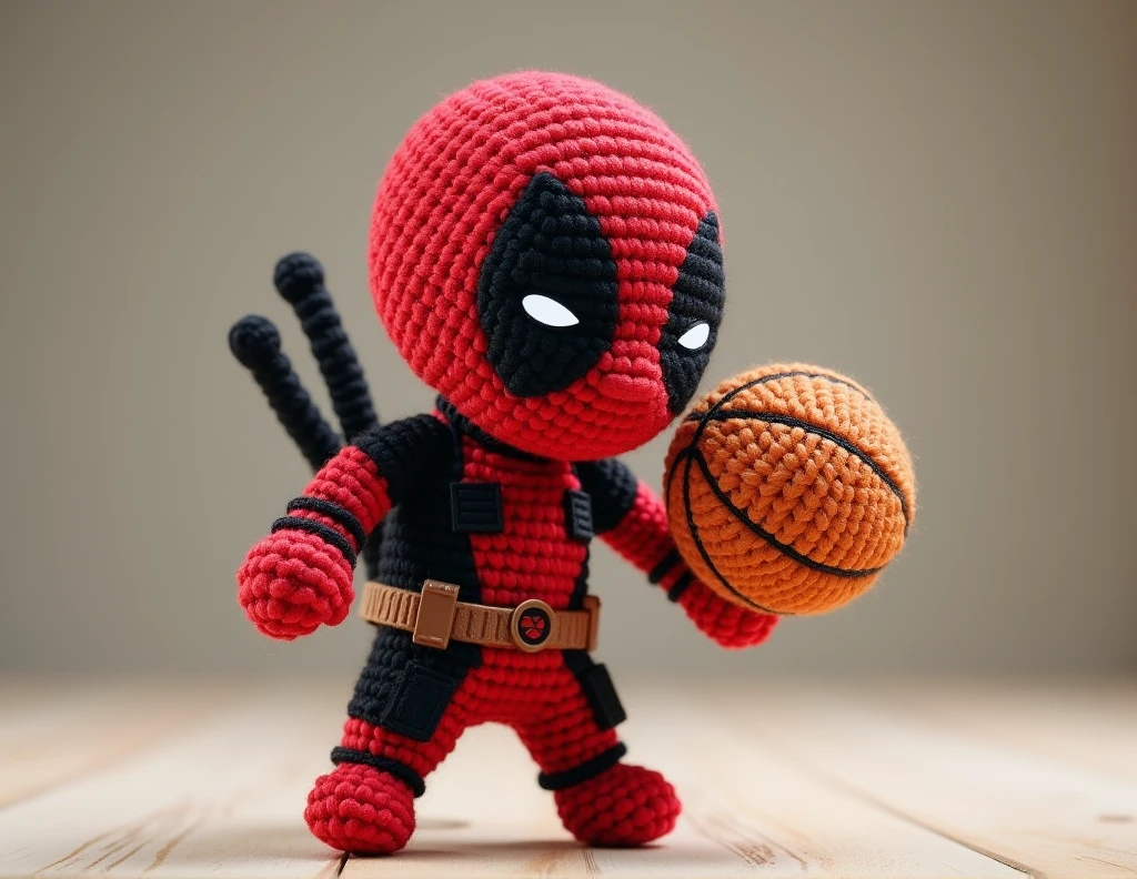 Deadpool with a baketball in amigurumi