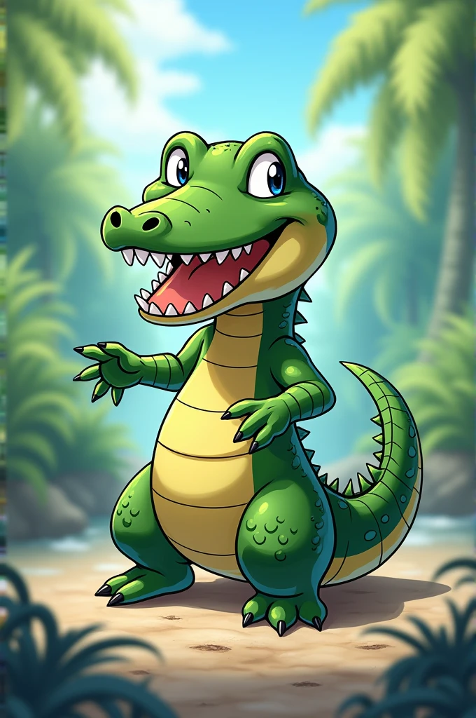 Create an anime drawing alligator (bacurau 15) vibrant cheerful blurred background