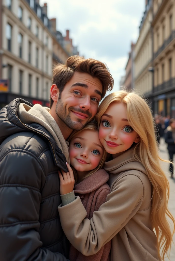 Blonde child , blue eyes very long hair hugging her father, brown hair and eyes and her mother blonde green eyes long hair taking a selfie on the streets of London 8k ultra realistic