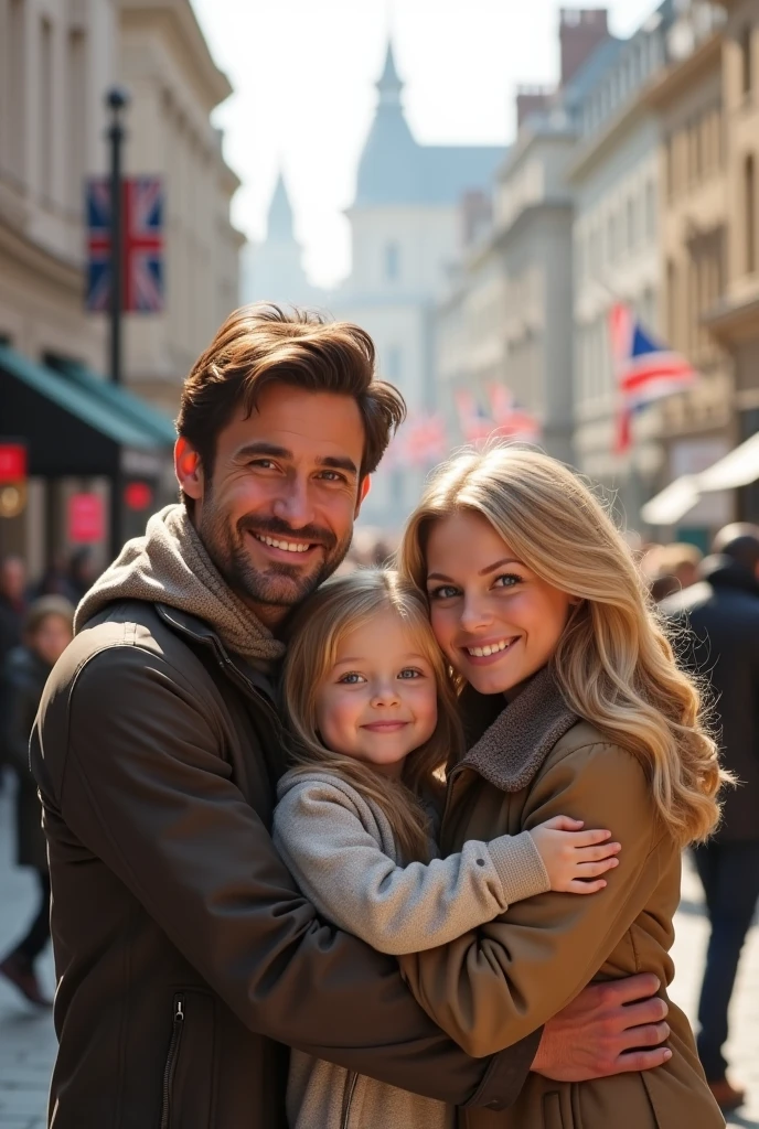 Blonde  , blue eyes very long hair hugging her father, brown hair and eyes and her mother blonde green eyes long hair taking a selfie on the streets of London 8k ultra realistic