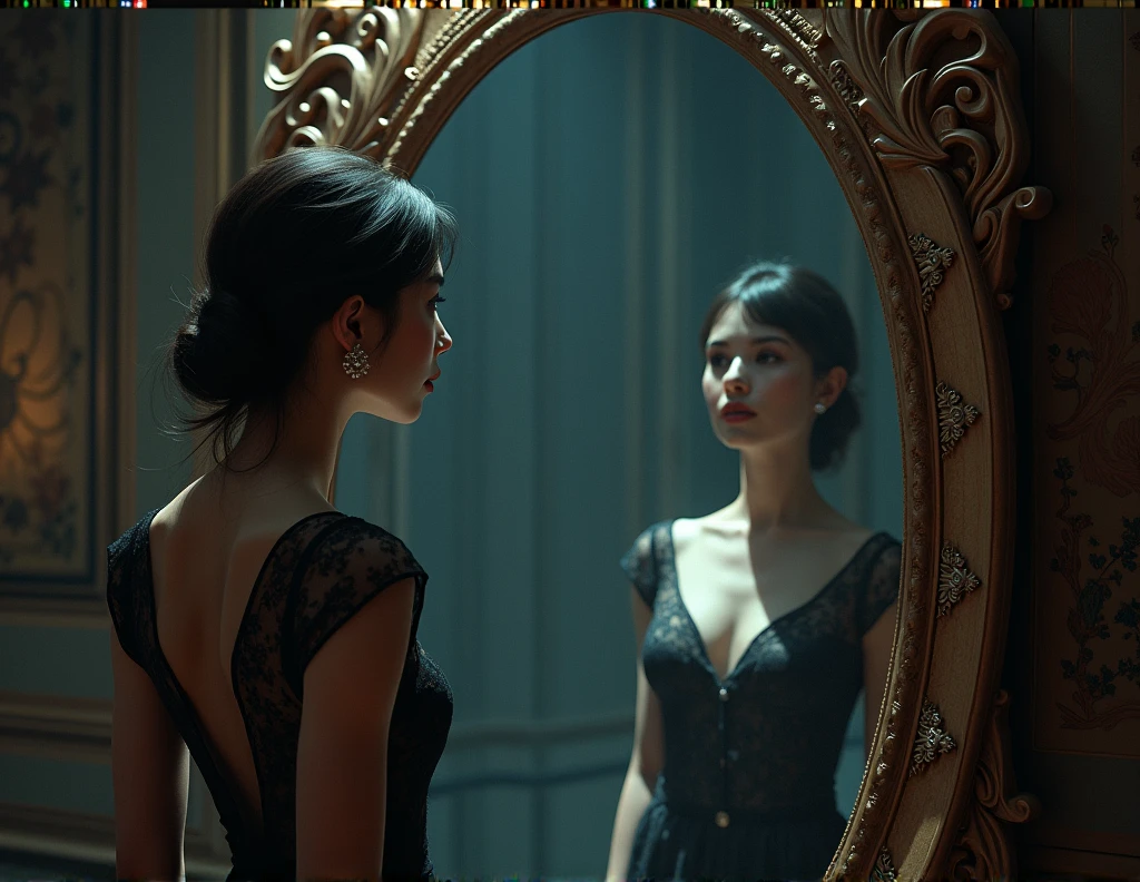 A woman looks at herself in a large mirror, but the mirror shows the image of two women.