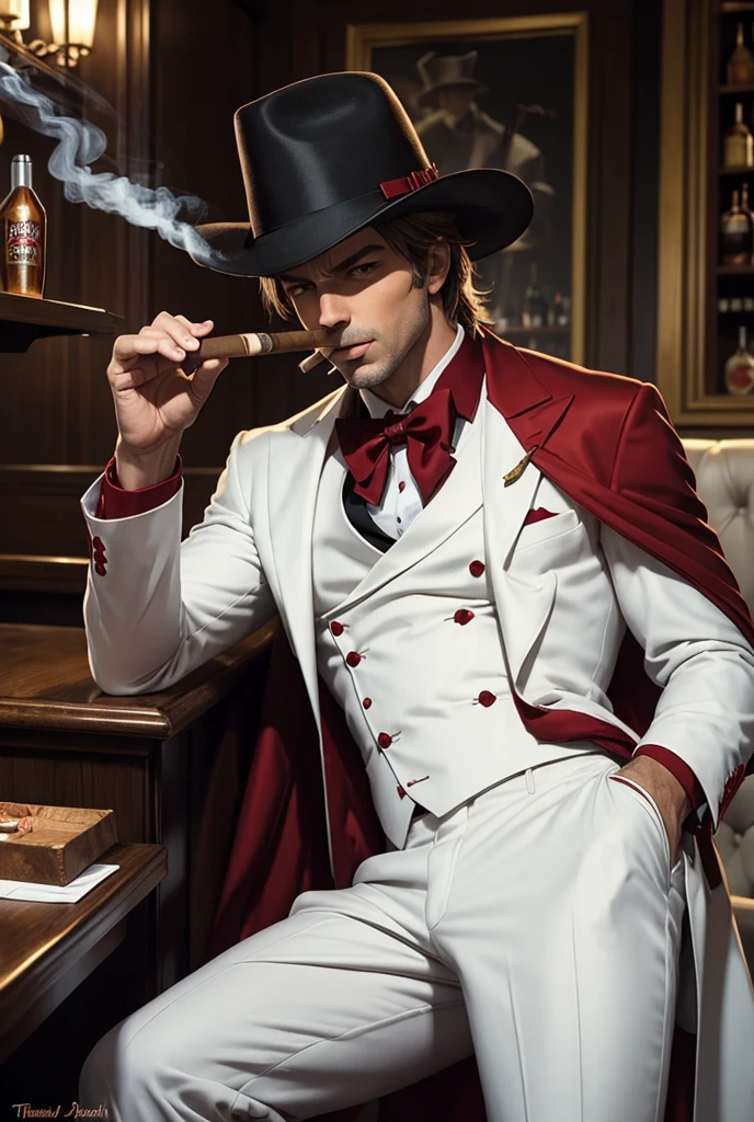 naughty man, blacksad, seducer, white and red suit, White hat, Very beauthful, fundo bar, smoking a cigar, trickster, trickery