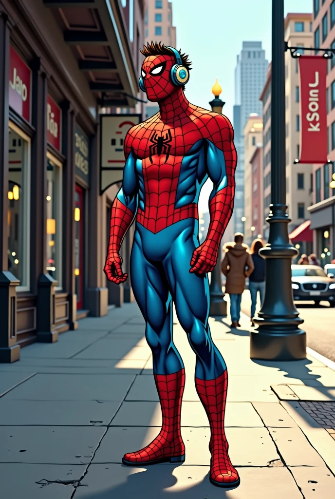 Spider Man with Headphone Listening Music on the Street Retro comic style artwork, perfect composition,hyperrealistic,super detailed,high quality,sharp focus,studio photo,intricate details,highly detailed