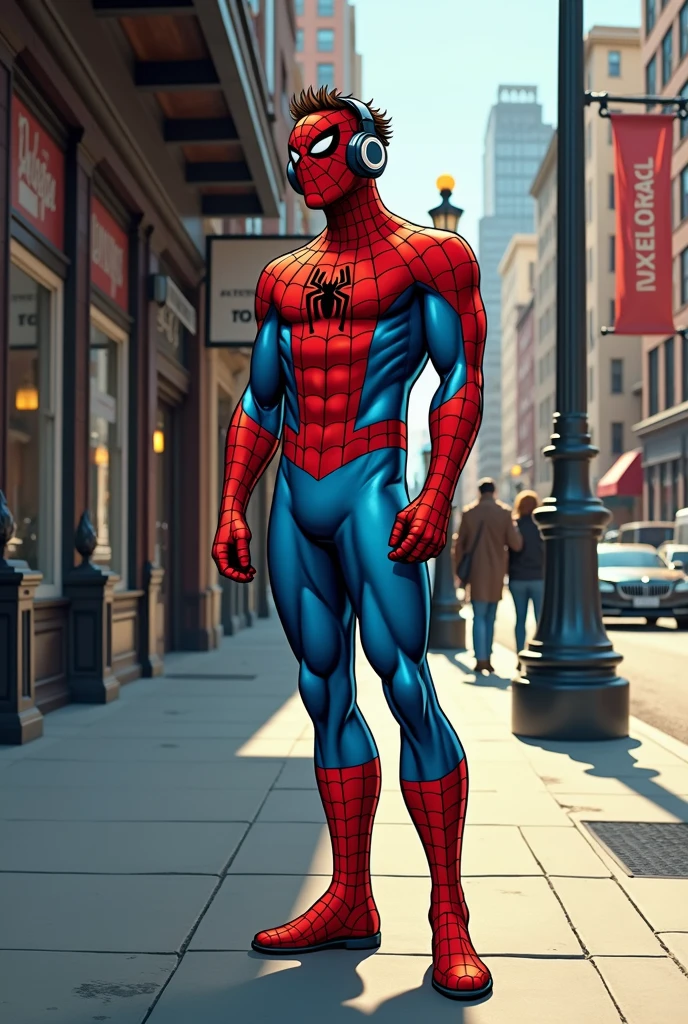Spider Man with Headphone Listening Music on the Street Retro comic style artwork, perfect composition,hyperrealistic,super detailed,high quality,sharp focus,studio photo,intricate details,highly detailed