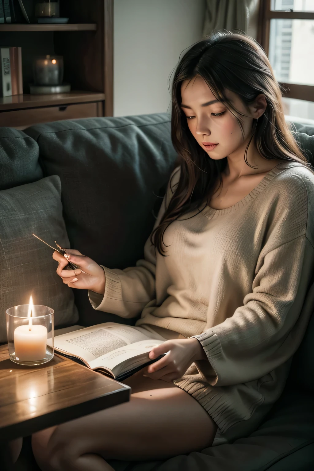 a woman sitting very cozy on the couch with scented candles lit next to her, an open book on the side,