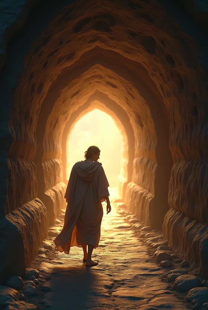 A person dressed as Plato walking towards a bright light at the end of a tunnel, symbolizing the search for truth.