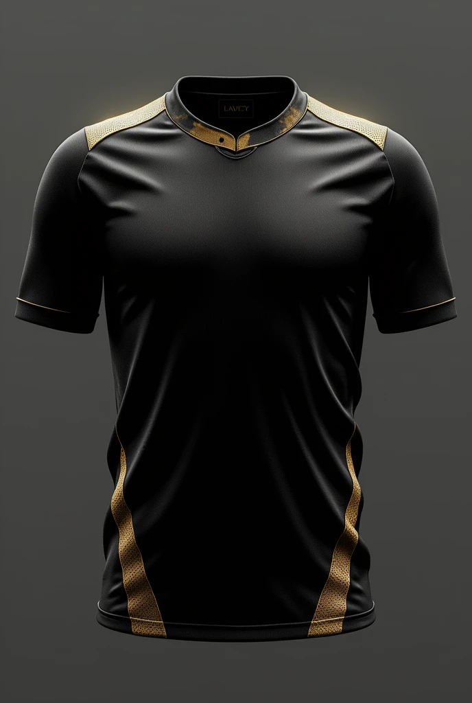 A professional football shirt, elegant, black and with gold parts, demonstrates power and intimidates, without shield