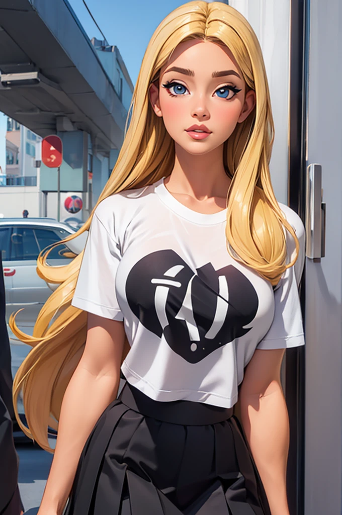 1 girl named Sarah with long blonde gray hair, dyed loose hair, Long hairstyle, perfect detailed face, Detailed symmetrical green eyes with a round iris, Beautiful, Walking and posing, Look at the observer, 19-year-old girl, looks like Madison Beer, extremely detailed face, Model, Realistic, Real life, perfect photorealistic picture, Realistic, Curvy Body, hourglass figure, Stunning realistic photography, Detailed fingers, detailed realistic face, Soft fingers, real human nails, Extremely attractive girl, perfect detailed tan, small eyes, perfectly detailed face with realistic complexion and finely porous skin, small nose, Model, Perfect posture, Natural limbs, long legs, detailed symmetrical eyeballs, symmetric eyes, Realistic eyeballs, Realistic detailed eyes, cute plump closed lips, makeup, no long neck, Perfect proportional body, seductive gaze, Looking in the direction of the viewer, Fascinating facial features, ah high, two arms, Two legs, one head, tiny breasts, realistic natural bodies, realistic shadows, Mystical epiphany, 8K, UHD, ((body facing the viewer, Pointing at the camera)), "wide-angle", Full-body shot, full pose, (photo studio white background), seduce a little, Cinematic world, Cover photo in the center of Hipereallistic, Stunning full-color, Cinematic, neoprene, behance contest winner, portraite of a, presented at UnsplasH, stylized digital art, Smooth, extra high resolution, Wearing an oversized white T-shirt and black Acronym J36-S sweatpants..... (T-shirt only white), black and white sneakers, instagram model, 80mm , Urban streetwear , Realistic,round ass,Real hands, (((seen from behind))), Urban Technical Clothing