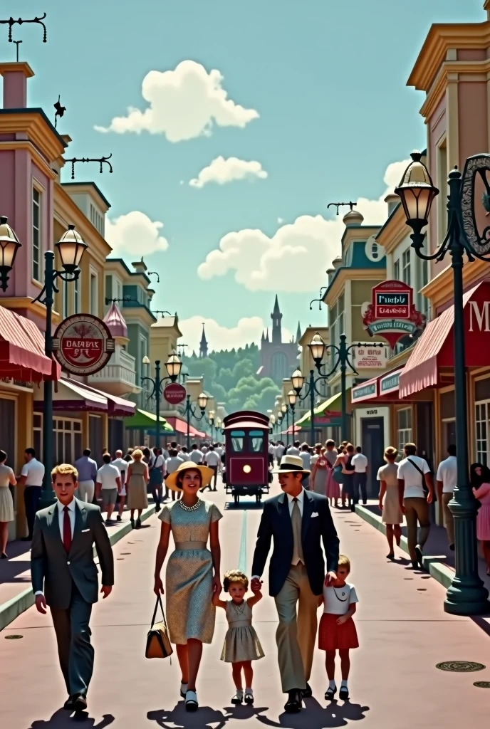 Disneyland's Main Street U.S.A., 1955. Families in 1950s attire stroll past colorful storefronts. A horse-drawn streetcar approaches. Captured in ultra-wide Panavision format with vivid colors and sharp detail from foreground to background.