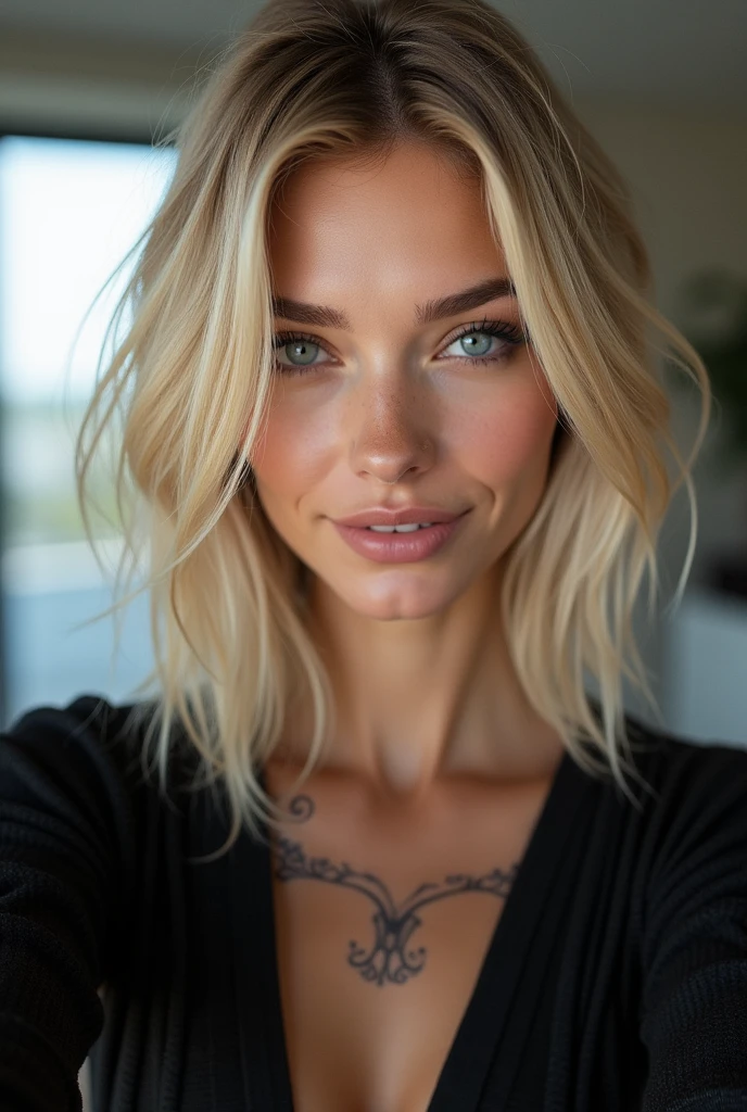Selfie, Wink, süße Babyface-woman, attractive and seductive expression, Shy, blonde straight hair, forehead, the picture, blue eyes, Excellent body proportions, with Tätowierungen bedeckt, wears loosely knitted shirt, tight-fitting leather trousers, highheel stiefel bob hair with lots of blonde strands, pointed nose, bleached blonde bob hair, 4, lifted face, Nose for Plastic Surgery, Vampir-Lifting, Pores on the cheeks, broad nasal bone, Eye wrinkles, small laugh lines, Hautpo, Pointed cheekbones, HIGH CHEEKBONE, Almond eyes, Schmale Almond eyes, Smokey Eyes Make-up, Vamp Make-up, Subscribe to something, brownish skin, Surgical lips, detailed face details (freckles, folds, Hautpo) Full body image of (woman, stand, with, Arms crossed,little smile), (Detailliertes Realistses Gesicht), (((Hyperdetailed))), symmetrical face, detailed students, expressive make-up, Real photography, modern look, Real photography (Realists:1.5); She wears various Sexy colorful dresses, Bold dark eye makeup Vamp Mascara, long black dark eyelashes, sitting in the living room, Show hips, Confident Pose, dominant woman , black eyeshadow, spectacular show make-up, Image grain, pixel grain, high contrast, Hips posing, Sexy hips, Full body shot, long legs, sexy legs, large , large , busty, She presents her body cheekily, provocative for the viewer, Sexy attitude, pussy:1.9, vagina:1.9, clitoris:1.9, (small pussy:1.5), (modern office background:1.3)、Golden blonde long hair、(High Heels), (Seductive pose:1.2) professional photo, HDR, Natural light, (Anti-aliasing:1.2), elegant, Soft, diffuse light, Realistssch proportions, limited range, Contre-Jour, Accent Lighting, (Neutral Colors:1.3), (Cough:1.7), cinematic lighting, coherent light, coherent shadows, depth of field, 35mm Photography, epicPhoto, ((naughty slut:1.5)) ((Whore in tight skirt:1