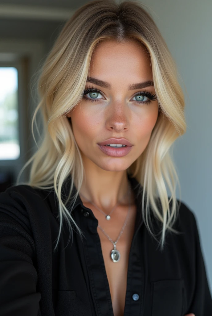 Selfie, Wink, süße Babyface-woman, attractive and seductive expression, Shy, blonde straight hair, forehead, the picture, blue eyes, Excellent body proportions, with Tätowierungen bedeckt, wears loosely knitted shirt, tight-fitting leather trousers, highheel stiefel bob hair with lots of blonde strands, pointed nose, bleached blonde bob hair, 4, lifted face, Nose for Plastic Surgery, Vampir-Lifting, Pores on the cheeks, broad nasal bone, Eye wrinkles, small laugh lines, Hautpo, Pointed cheekbones, HIGH CHEEKBONE, Almond eyes, Schmale Almond eyes, Smokey Eyes Make-up, Vamp Make-up, Subscribe to something, brownish skin, Surgical lips, detailed face details (freckles, folds, Hautpo) Full body image of (woman, stand, with, Arms crossed,little smile), (Detailliertes Realistses Gesicht), (((Hyperdetailed))), symmetrical face, detailed students, expressive make-up, Real photography, modern look, Real photography (Realists:1.5); She wears various Sexy colorful dresses, Bold dark eye makeup Vamp Mascara, long black dark eyelashes, sitting in the living room, Show hips, Confident Pose, dominant woman , black eyeshadow, spectacular show make-up, Image grain, pixel grain, high contrast, Hips posing, Sexy hips, Full body shot, long legs, sexy legs, large , large , busty, She presents her body cheekily, provocative for the viewer, Sexy attitude, pussy:1.9, vagina:1.9, clitoris:1.9, (small pussy:1.5), (modern office background:1.3)、Golden blonde long hair、(High Heels), (Seductive pose:1.2) professional photo, HDR, Natural light, (Anti-aliasing:1.2), elegant, Soft, diffuse light, Realistssch proportions, limited range, Contre-Jour, Accent Lighting, (Neutral Colors:1.3), (Cough:1.7), cinematic lighting, coherent light, coherent shadows, depth of field, 35mm Photography, epicPhoto, ((naughty slut:1.5)) ((Whore in tight skirt:1