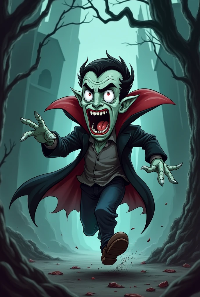 Produce an image of a vampire running with a frightened expression made in animation like a small drawing that does not look like real life