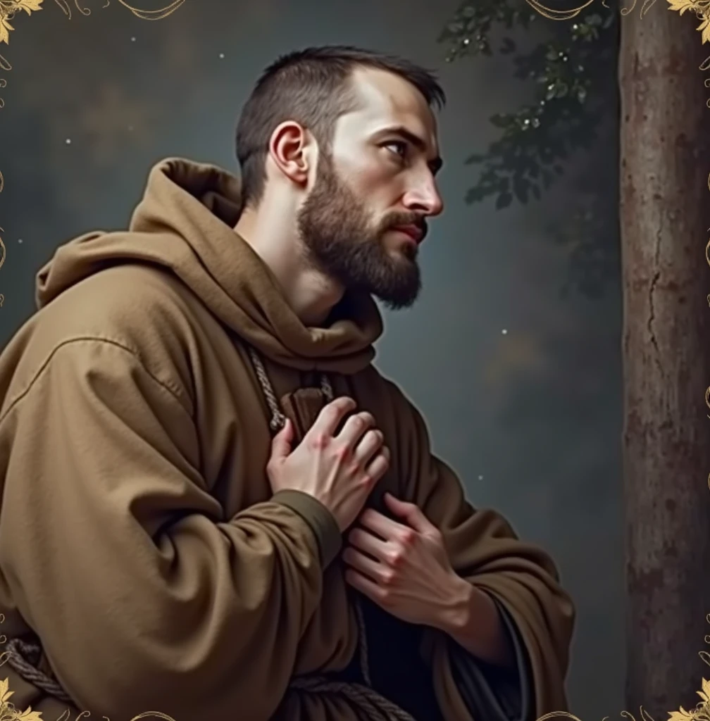 Create a high-quality image of Saint Francis of Assisi on a white backdrop by wearing a simple brown habit with a three-knotted rope belt. His hands and feet bear stigmata. He is portrayed in a moment of prayerful ecstasy, holding a small wooden cross. The background shows a serene landscape, reinforcing its message of simplicity and harmony with all living beings. Includes intricate golden details highlighting his aura and spiritual glow, with delicate golden details throughout the scene to enhance the divine connection generated image of Saint Francis of Assisi with golden details, white PNG background and no animals around. He is represented with a partially bald head, but still with hair on the sides, and on the right a small crucifix in a posture of devotion.