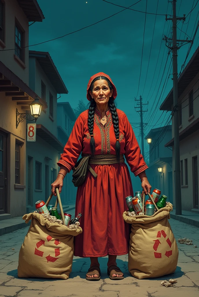 Adult grandmother in an Aymara skirt with two braids, head on, and with recycling tools on a dangerous street at night in Bolivia full of nightclubs collecting recyclable material carrying a huge bag on their backs wrapped in a sack with typical designs full of the same (Bottles, cans, papers) use a book illustration style "coquito"