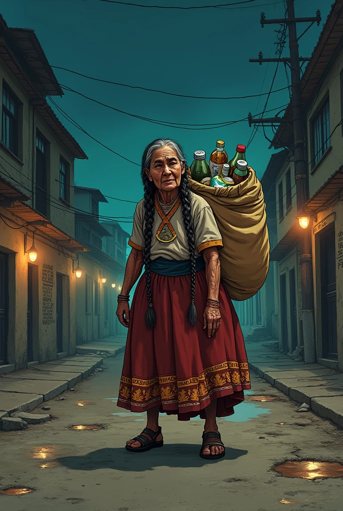 Adult grandmother in an Aymara skirt with two braids, head on, and with recycling tools on a dangerous street at night in Bolivia full of nightclubs collecting recyclable material carrying a huge bag on their backs wrapped in a sack with typical designs full of the same (Bottles, cans, papers) use a book illustration style "coquito"