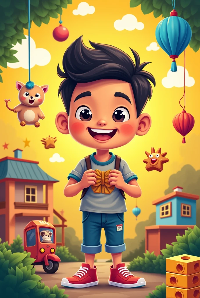 Create a colorful banner. The theme is school entrepreneurship. The business would be selling second-hand toys. The boy's name is Ian Toruño and the study center is called LifeLink International