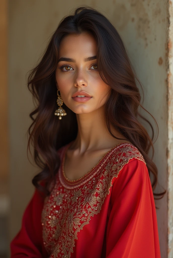 A beautiful Pakistani girl cute face with short forehead and long hair realistic in red color dress full dress covered