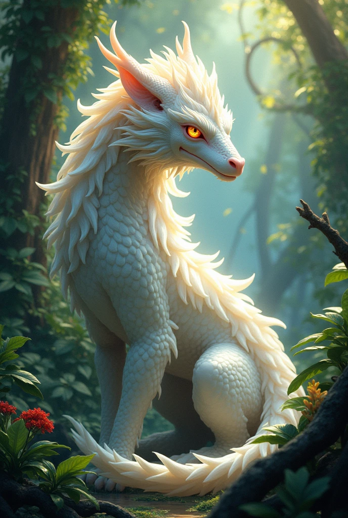 Full white female dragon with long hair and colorful eyes in jungle 