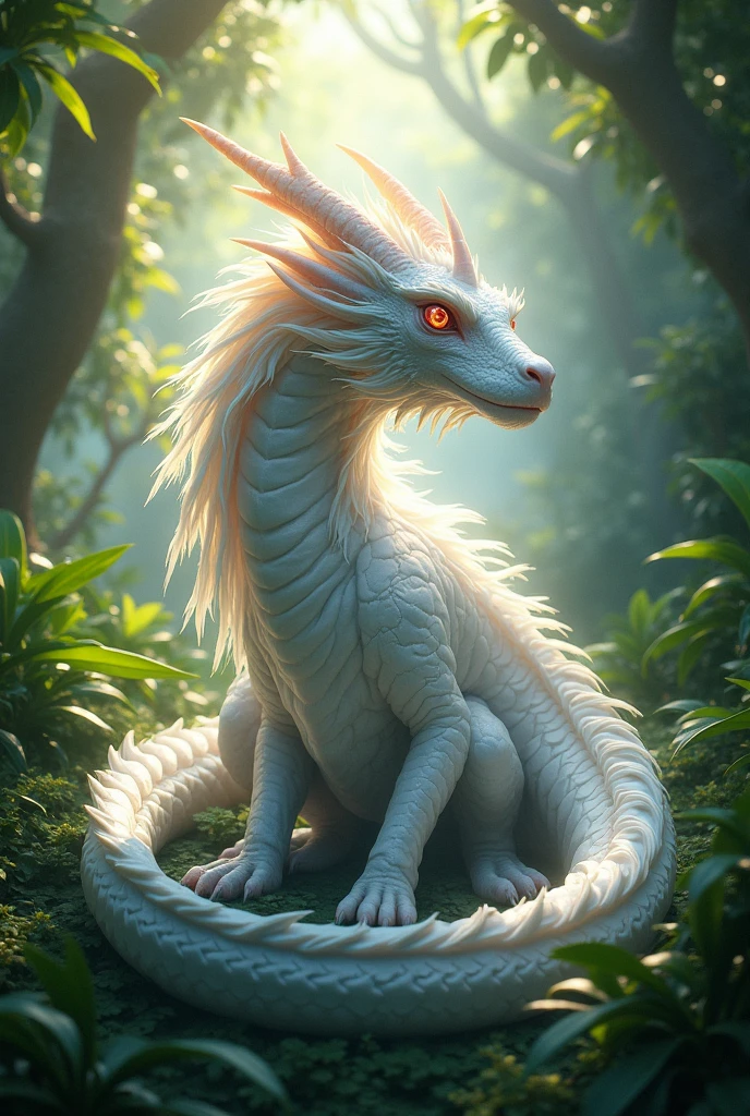 White dragon hatchling, black and red mamchas, curled horn