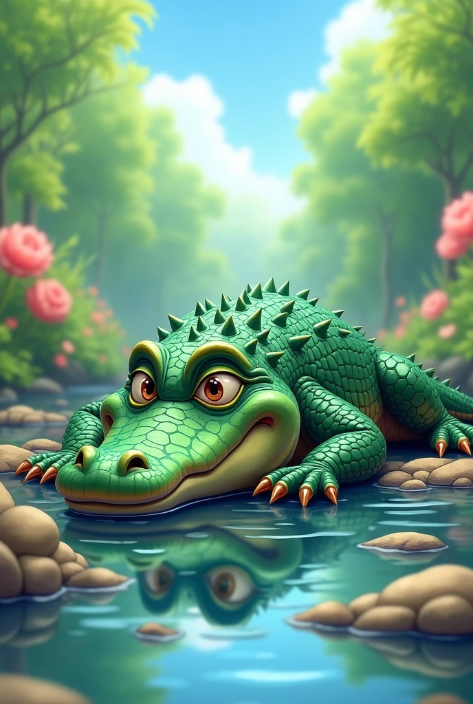 Create a lying down alligator anime drawing (bacurau 15) vibrant cheerful blurred background