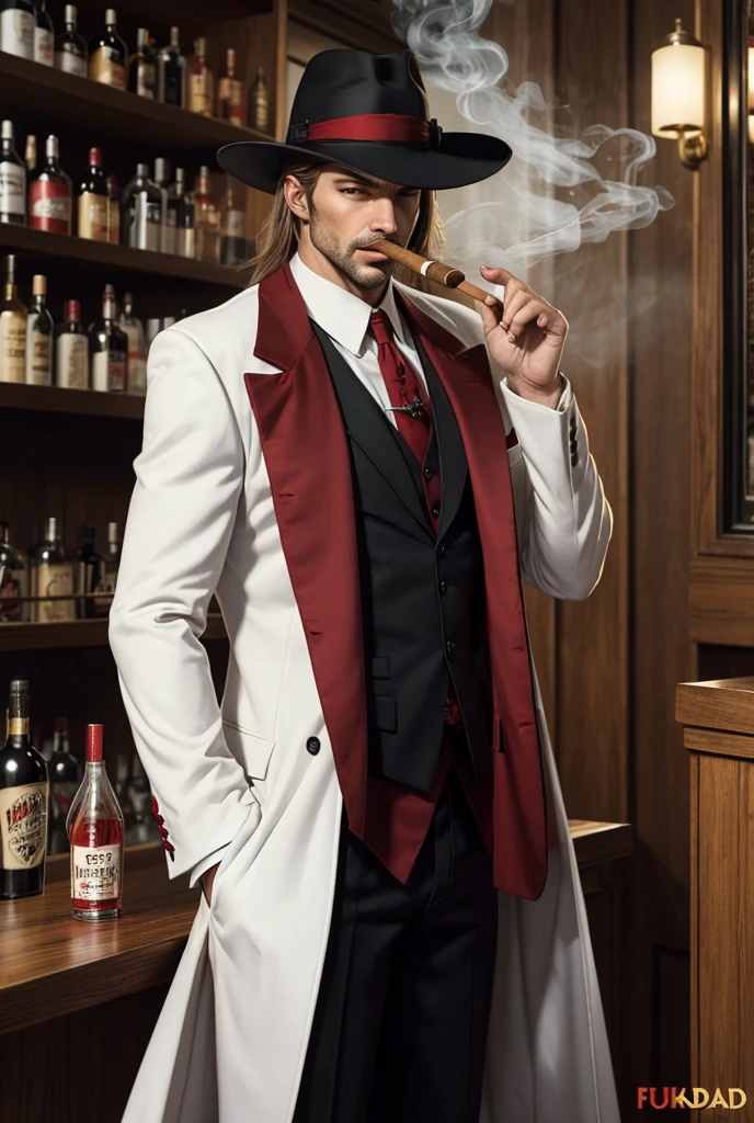 naughty man, blacksad ,seducer, white and red suit, White hat, Very beauthful, fundo bar, smoking a cigar, trickster, trickery