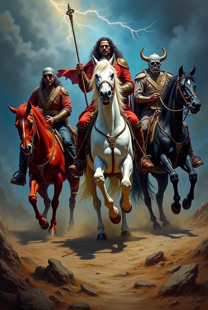 a dramatic and intense painting of the Four Horsemen of the Apocalypse. Each horseman should be distinct, representing Conquest, War, Famine, and Death, riding their respective horses through a stormy, dark landscape. The scene should evoke a sense of impending doom and chaos, with vivid colors and dynamic composition
