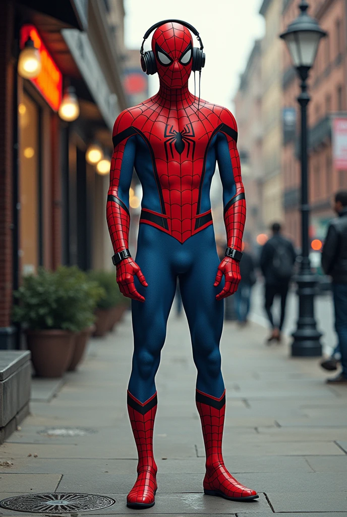 Spider Man with Headphone Listening Music on the Street Retro comic style artwork, perfect composition,hyperrealistic,super detailed,high quality,sharp focus,studio photo,intricate details,highly detailed