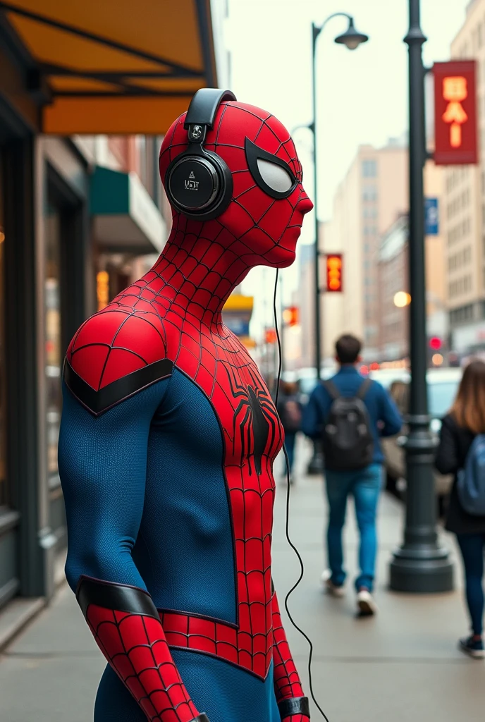 Spider Man with Headphone Listening Music on the Street Retro comic style artwork, perfect composition,hyperrealistic,super detailed,high quality,sharp focus,studio photo,intricate details,highly detailed
