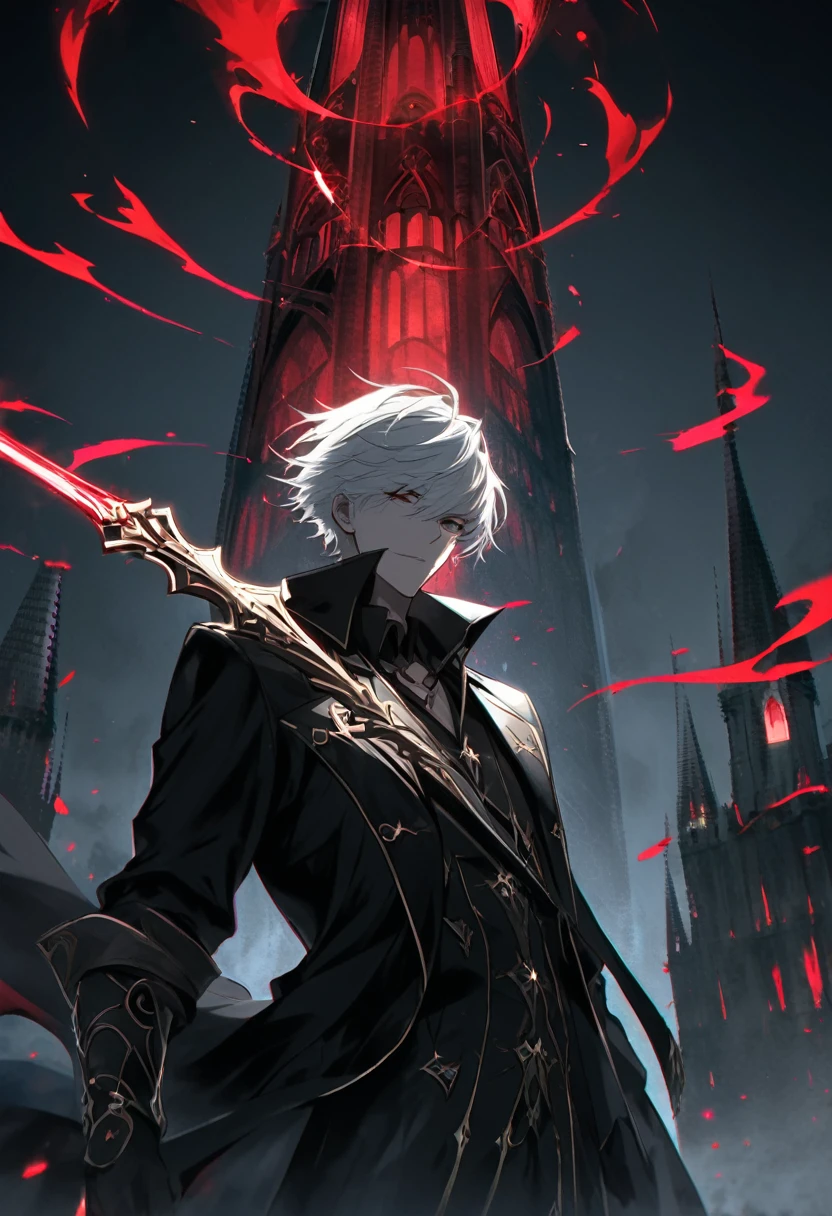 solo, handsome, 1 male, short hair, silver hair, dark gold eyes, dark shirt, black coat, dark fantasy, tower, black sword with red aura