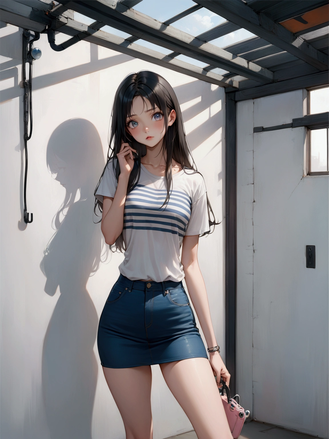 NSFW, top-quality, intricate detailes, chromatic abberation, 1girl in, Dynamic Pose, Cinematic Angle, length hair, Blue Highlights, heterochromia iridis, Gentle smile, Oversized T-shirt, Super Super Mini Skirt, Skirt up and panties ga, Cowboy Shots, wind lift, (oversize tshirt: 1.2 inch), against a wall, Concrete walls, doodle, Dim lighting, alleyway