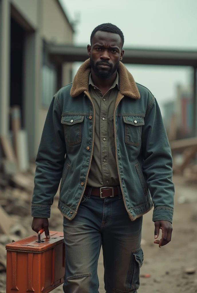 Image of young black man builder with beard leaving his company sad