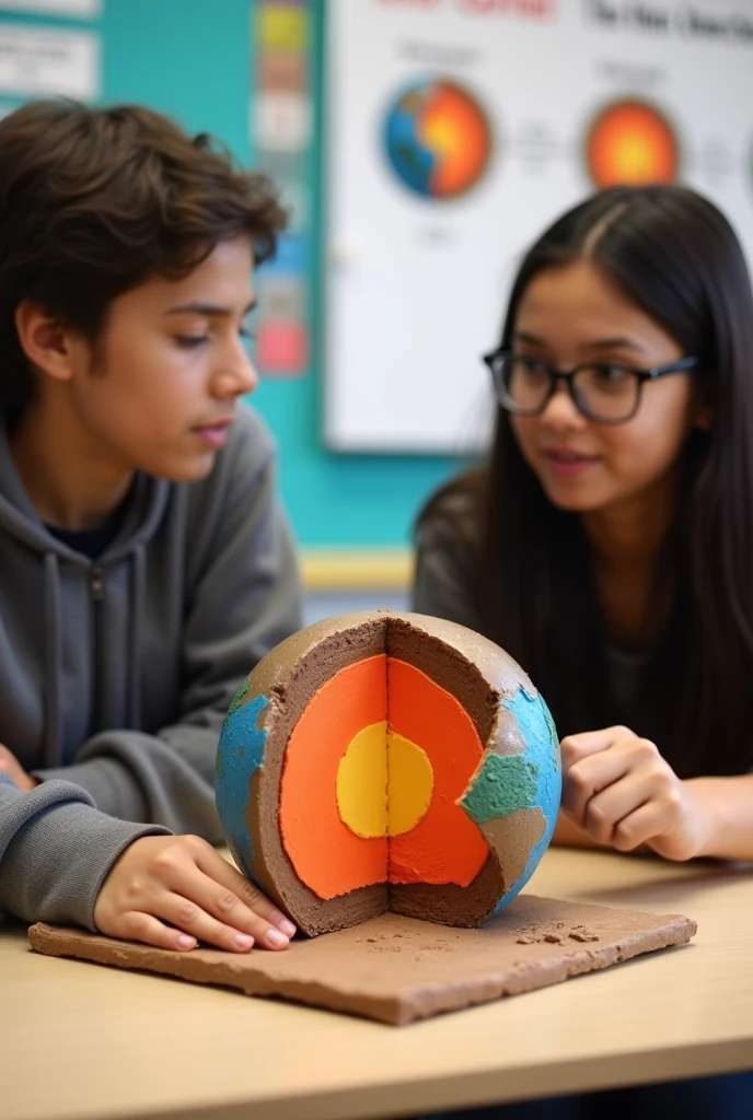 Viñeta 5:
Students create a model of the Earth with modeling clay.
Student 4: "We have to make the crust very thin, It is the thinnest layer!"
Student 5: "And the thickest coat... But not as much as the core."
Students compare their models to the diagram on the board.