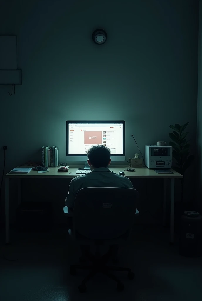 a guy sitting on a chair face down with his hand on his face at a table in a dark room with youtube open on the monitor