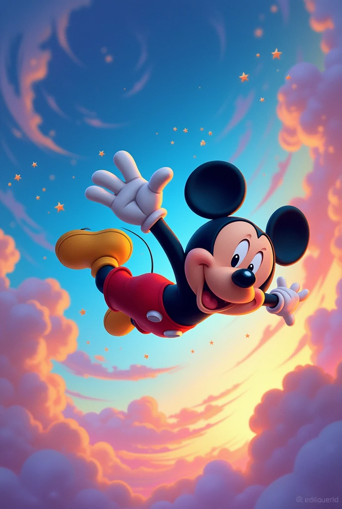 Mickey mouse starts to fly and the sky is colorful
