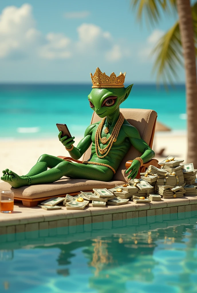 Generates an image of an adult Martian with his green king man crown relaxing in the pool in front of the beach, having a drink and wads of bills and gold. Looking at his cell phone betting money 