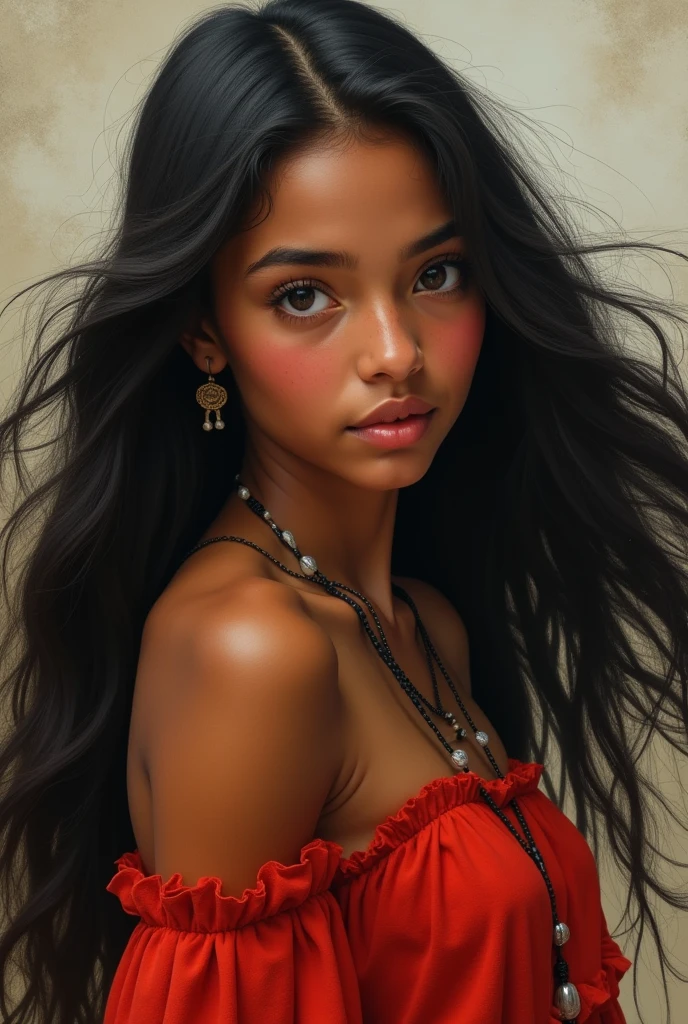A realistic brown teenager with long black hair, with indigenous descent, with a red dress