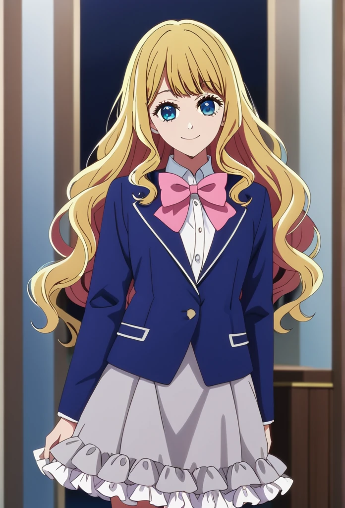 oshi_no_ko_style,blonde,sidecurls,fringe bangs,blue eyes,long eyelashes,cowboyshot,standing,soft smile,long hair,masterpiece,highres,absurdres,ojou curls,(BOW, SCHOOL UNIFORM, JACKET, BOWTIE, PINK BOW, GREY SKIRT, BLUE JACKET, OPEN JACKET, SHIRT, GREY SKIRT, WHITE SHIRT, LONG SLEEVES,solo, ruffled bow, extremely detailed,a-line skirt,knee length skirt,detailed eyes,)