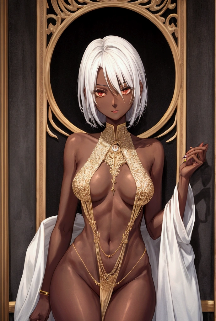 tall woman, dark skin color, small breasts, Lewd face, Skinny body, short white hair