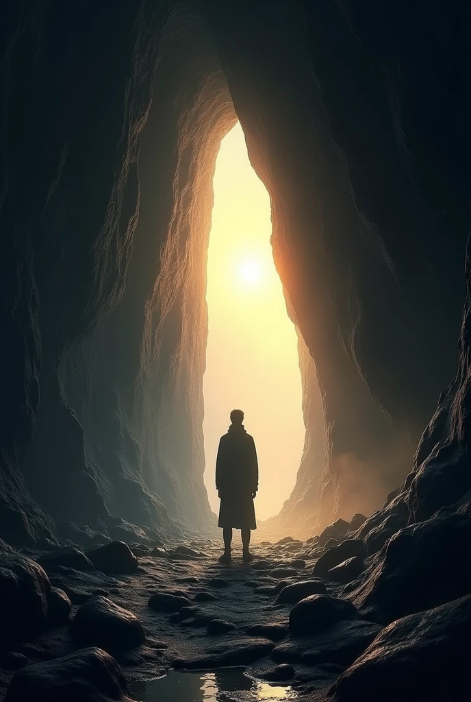 An image showing the contrast between the dark cave and the illuminated outside world, as a transition from ignorance to knowledge.