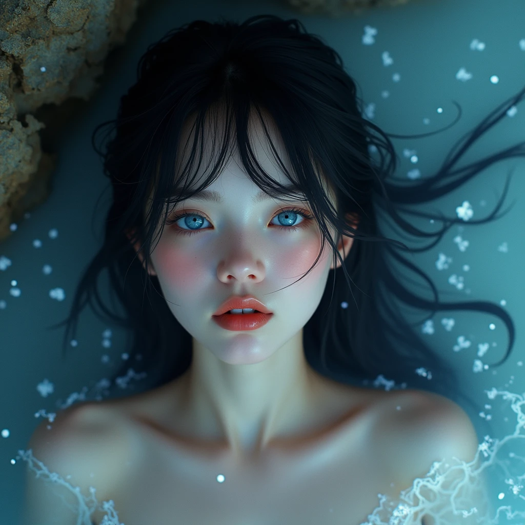 beautiful woman with Russian features, Straight jet black hair is worn loose and wet, Deep blue eyes like bright sapphires, porcelain white skin, reddish lips, blushing cheeks. She is lying on a rock while there is water around her, White glow, magic image, front image. With nothing covering it, She is very precious, 20 year old young man