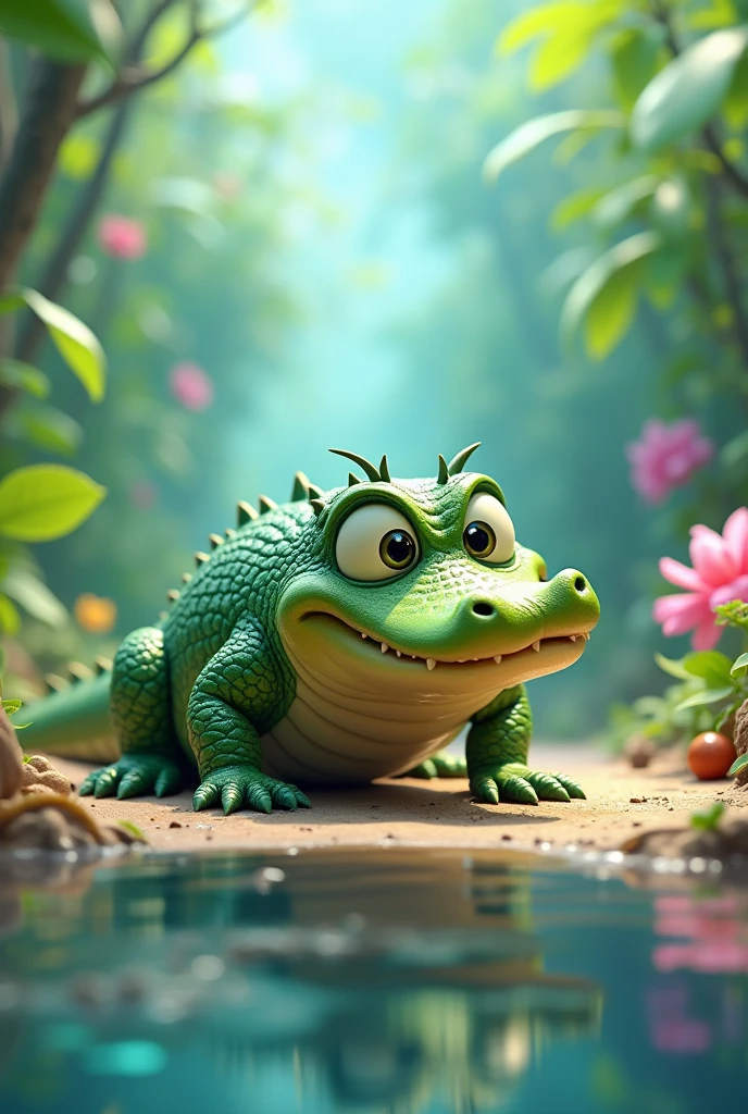 Create a 3D anime drawing crawling alligator (bacurau 15) vibrant cheerful blurred background