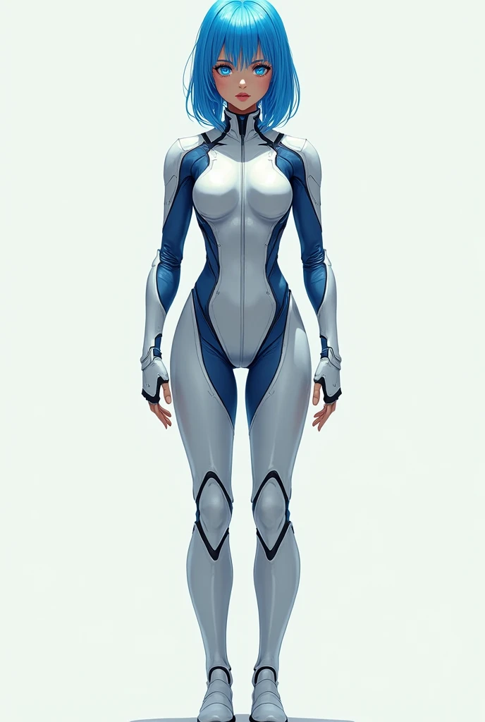 (masterpiece, best quality, Maximum resolution, clearly_image, details): (Solitary,  girl, Japanese Face Hole, Blue hair girl, shortcut, Full body picture, small size breasts, Sparkling blue eyes, Metallic white and blue pilot suit, Tight clothing, Clothing that covers the entire body, beauty, slim, Exoskeleton, Sexy pose, Actress, Integral, Knee-high boots)