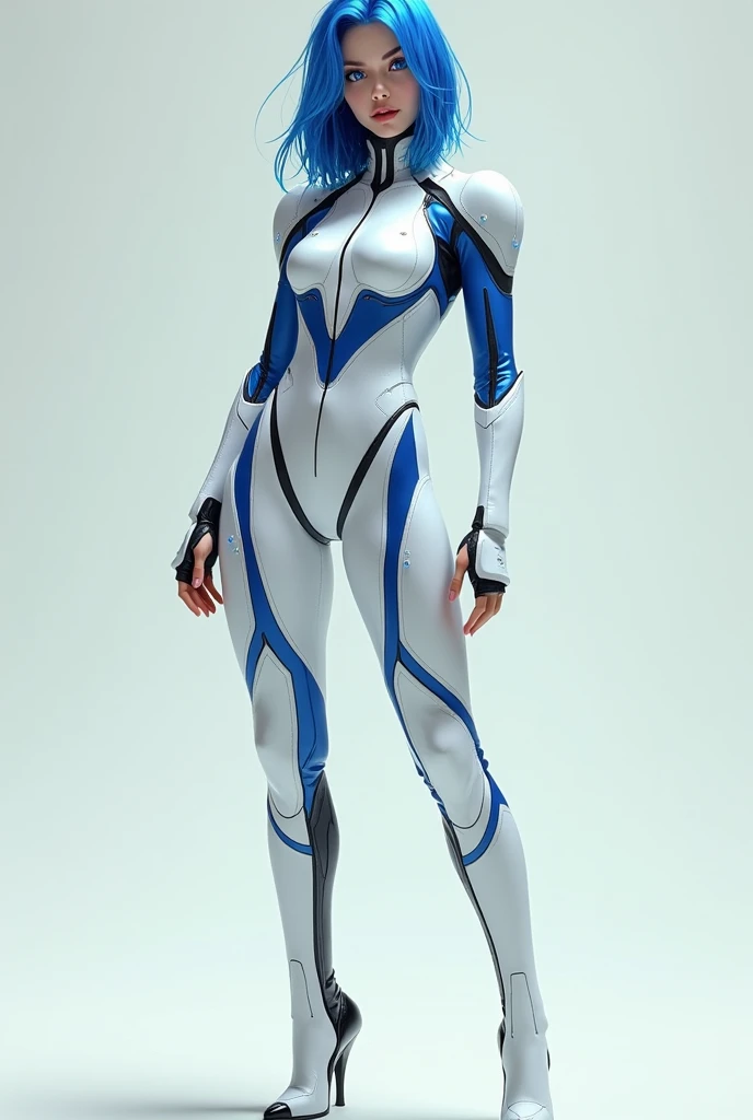 (masterpiece, best quality, Maximum resolution, clearly_image, details): (Solitary,  girl, Japanese Face Hole, Blue hair girl, shortcut, Full body picture, small size breasts, Sparkling blue eyes, Metallic white and blue pilot suit, Tight clothing, Clothing that covers the entire body, beauty, slim, Exoskeleton, Sexy pose, Actress, Integral, Knee-high boots)