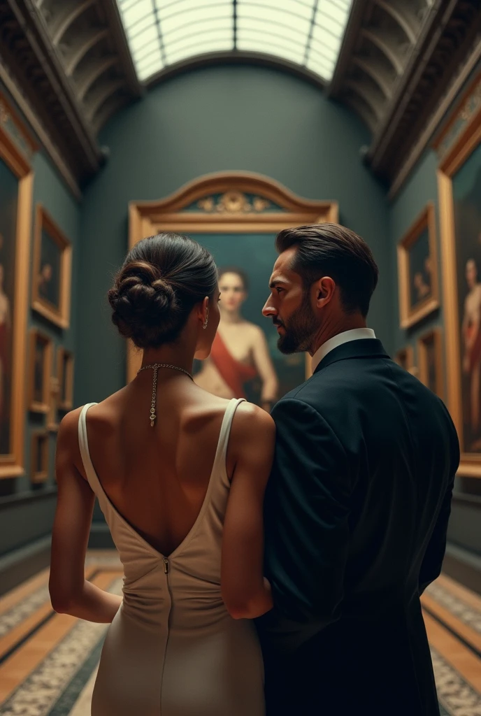 I need a book cover with a woman and a wealthy man admiring a work of art in a museum and on the cover it says the silence of the storm